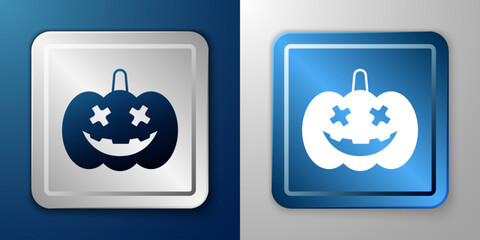 Wall Mural - White Pumpkin icon isolated on blue and grey background. Happy Halloween party. Silver and blue square button. Vector