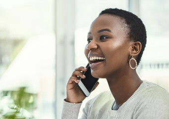 Aufkleber - Black woman on professional phone call, smile with communication and networking with business contact. Happy female employee at office, talking on mobile and b2b with mockup space and technology