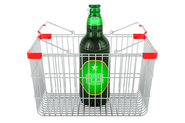Poster - Beer bottle inside shopping basket, 3D rendering