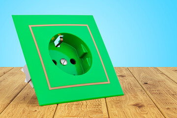 Wall Mural - Green electric socket on wooden desk, 3D rendering