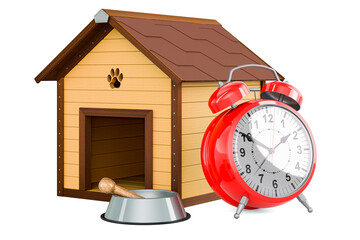 Poster - wooden doghouse with bowl and bone with alarm clock, 3d rendering