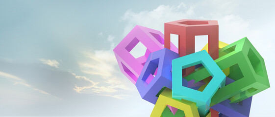 Poster - Abstract background. Geometric shapes with rainbow colors in LGBT Prime Month concept with expression of pride and equal rights of gender diversity. Copy space, banners, websites - 3D rendering