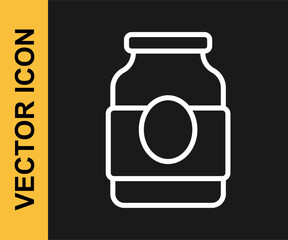 Poster - White line Jam jar icon isolated on black background. Vector