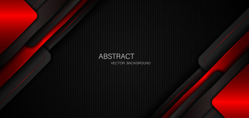Wall Mural - Abstract black and red polygon with red glow lines on dark steel mesh background with free space for design. modern technology innovation concept background
