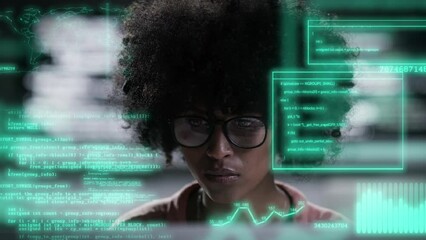 Leinwandbilder - Hologram, woman and programmer with code, computer coding and digital software in the workplace. Female person, coder and employee with security analysis, database and holographic with communications
