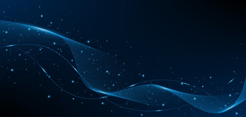 Aufkleber - Abstract wave motion with glowing particle dots. High tech futuristic concept on dark blue background. vector illustration
