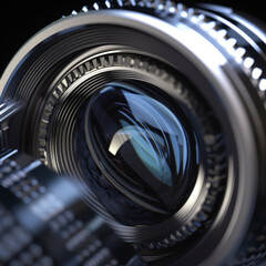 Poster - A close-up photograph of a camera lens with a shallow depth of field, showcasing its intricate glass elements and precise construction. Generative AI technology.