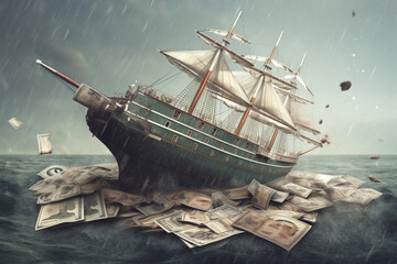 Leinwandbilder -  An illustration of a sinking ship with a dollar sign on its sail, representing the sinking value of the currency and economic instability.  Generative AI technology.
