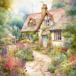 watercolor drawing of an English style villa in a summer garden