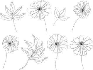 Wall Mural - Abstract flowers isolated illustration. Wildflowers for background. Botanical art. Simple minimalist art set. Continuous line drawing.