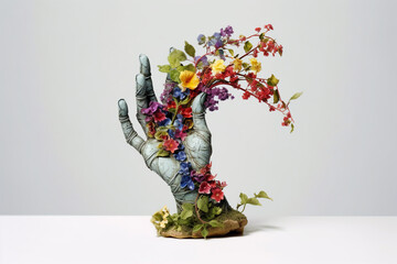 Poster -  An abstract sculpture of an open hand, with delicate vines or flowers growing from it, representing the nurturing and life-giving nature of hope.  Generative AI technology.