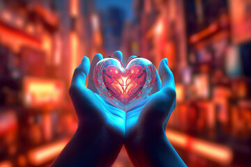 Poster -  A digital artwork featuring hands holding a heart-shaped symbol, expressing love, compassion, and the power of hope to unite and heal.  Generative AI technology.
