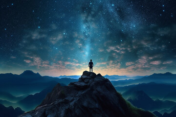 Poster -  A digital artwork depicting a person meditating in a serene cosmic landscape, with galaxies and nebulae swirling around them Generative AI technology.
