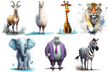 Elephant, giraffe, zebra, llama, tiger, hippopotamus, antelope. Cute baby animals isolated on background. Cartoon vector illustration