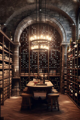 Poster -  A photograph of a luxurious wine cellar, with rows of carefully curated wines, vintage selections, and atmospheric lighting, representing sophistication.  Generative AI technology.