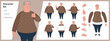 Illustration of large overweight man, wearing business casual clothing in a set of multiple poses. Easy to edit with editable line strokes and isolated on white background. Suitable for animation.
