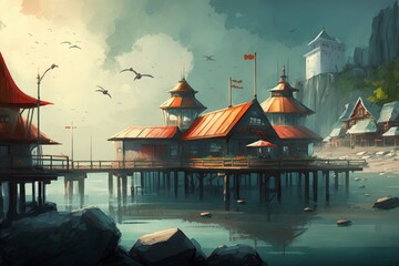 Wall Mural - landscape of beautiful harbor, fishing village, digital painting, Generative AI