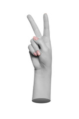 Wall Mural - Black and white woman's hand pointing two fingers up, number two, peace sign, victory. Modern, 3d trendy style.