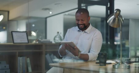 Aufkleber - Tablet, scroll and business man in office for online management, website research and happy results at night. Check, search and african person, employee or worker at his desk on digital technology