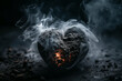 broken black heart of cooling coals with smoke on dark background. Concept of separation and breakup of relationships. Generative AI illustration