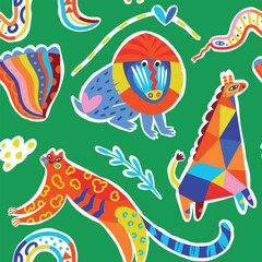 Wall Mural - Seamless pattern with abstract African animals in childish style. Vector illustration