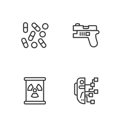 Wall Mural - Set line Humanoid robot, Radioactive waste in barrel, Medical pill biohacking and Futuristic weapon icon. Vector