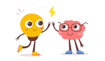 Vector illustration of happy brain and light bulb character give five on white color background. Flat style design of business team work character