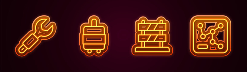 Sticker - Set line Wrench spanner, Suitcase, End of railway tracks and Railway map. Glowing neon icon. Vector