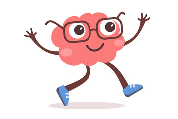 Vector illustration of happy brain character with glasses go ahead on white color background. Flat style design of business pink brain character