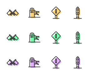 Sticker - Set line Exclamation mark in square, Flag, Turnstile and Train traffic light icon. Vector