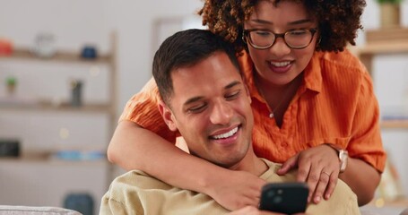 Poster - Hug, social media and happy couple on sofa with phone, happiness and checking meme in house. Smile, man and woman on couch in living room, smartphone and love, quality time bonding together in home.