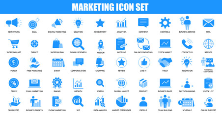 Marketing fill icon set of advertise, goal, target, shopping, research, mission, review, innovation, growth, data analysis and more. Collection of modern icon and pictogram. 