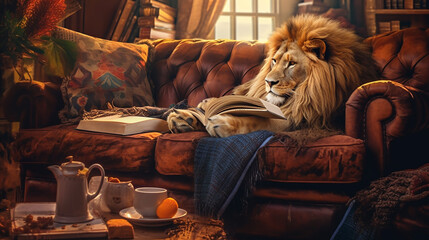 lion reading book on sofa, learning and knowledge concept, Generative Ai