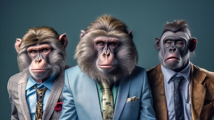 Creative animal concept. Gang family of baboon in vibrant bright fashionable outfits, commercial, editorial advertisement, surreal surrealism. Group shot. Generative AI
