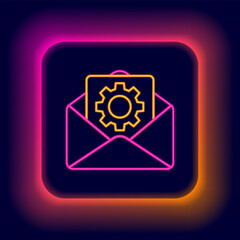 Poster - Glowing neon line Envelope setting icon isolated on black background. Colorful outline concept. Vector