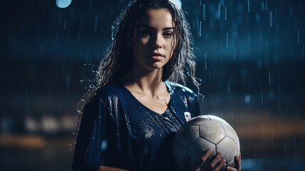 Sexy Young Girl Soccer Player with Ball at the Stadium. Beautiful Sporty Woman in fitness clothing wet body under the rain. Hot Football player teen female. generative ai