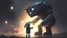 Kid Giving Umbrella To Giant Robot In The Rainy Night, Illustration Painting, Generative AI