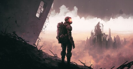 Wall Mural - astronaut standing on a ruined building looking at abandoned city, digital art style, illustration painting, Generative AI