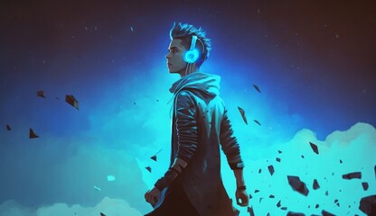 Wall Mural - young man in futuristic clothing listening music and walking on blue background, digital art style, illustration painting, Generative AI
