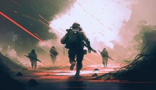 Soldiers Running Away From The Enemy's Attack, Digital Art Style, Illustration Painting, Generative AI