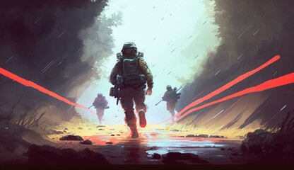 soldiers running away from the enemy's attack, digital art style, illustration painting, Generative AI