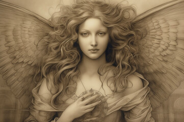 Wall Mural - Drawing of a beautiful woman angel with long hair created with Generative AI technology