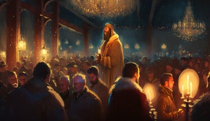 crowd of people praying at holy night, illustration painting, Generative AI