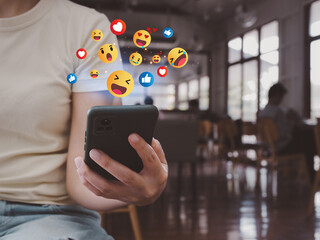 Social media, woman using smartphone showing technology icons Connecting with a lot of people, live streams