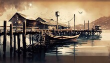 Seascape Painting Showing Pier Of Fishing Village In The Evening, Watercolor Style, Generative AI