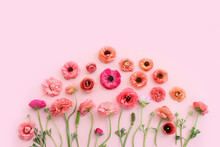 Top View Image Of Pink Flowers Composition Over Pastel Background