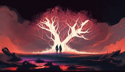 Wall Mural - the couple standing in front of glowing trees in abstract landscape with digital art style, illustration painting, Generative AI