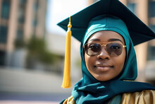 Generative AI Illustration Of African American Muslim Female Graduate Wearing A Headscarf And Sunglasses With A Graduation Cap Looking At The Camera
