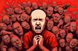 © ADDICTIVE STOCK - Generative AI illustration of scared bald man screaming with closed eyes against crowd of people on red background with mental health concept
