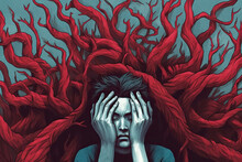 Generative AI Illustration Of Sad Sorrowful Man Covering Face With Hands While Sitting Under Red Tentacles With Interconnected Root Problems